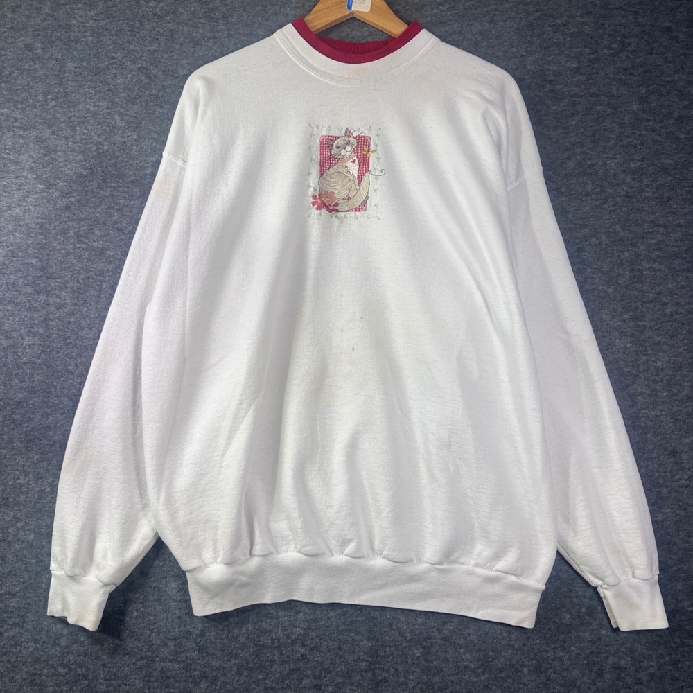 Vintage Top Stitch Morning Sun Cat Embroidered Sweatshirt White Red Trim‎ XL